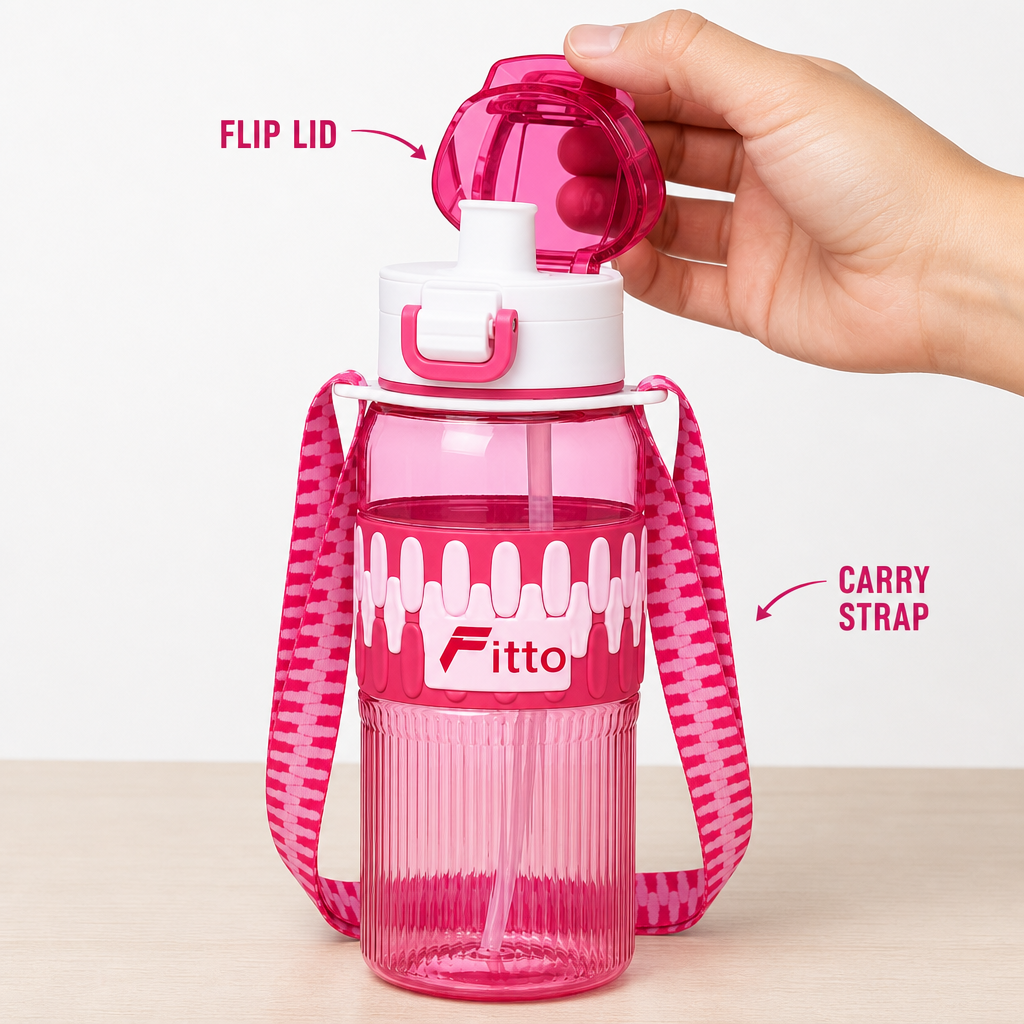 96 Pieces Sports Water Bottles with Flip Lid and Carry Strap, Pink Printed Design, 600 ml