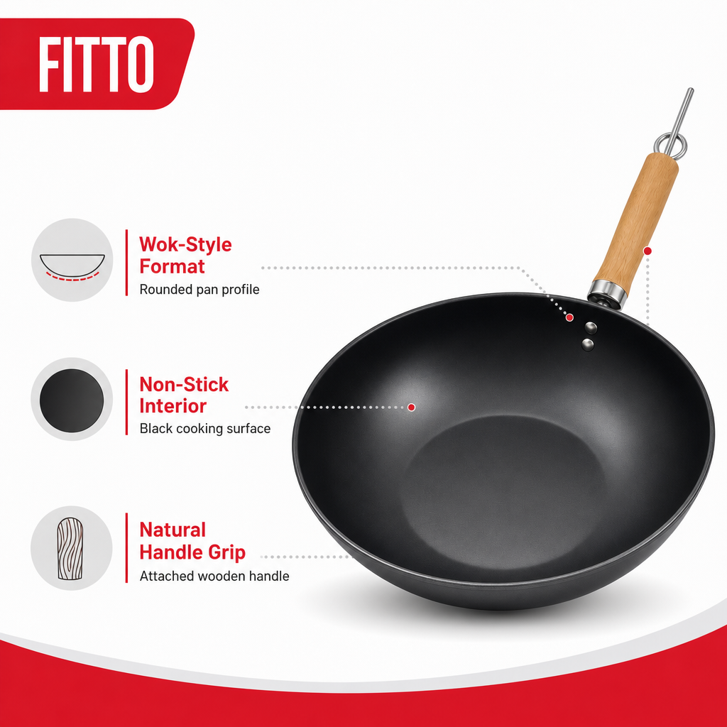 96 Pieces Non-Stick Wok Frying Pan with Wooden Handle, 28 cm