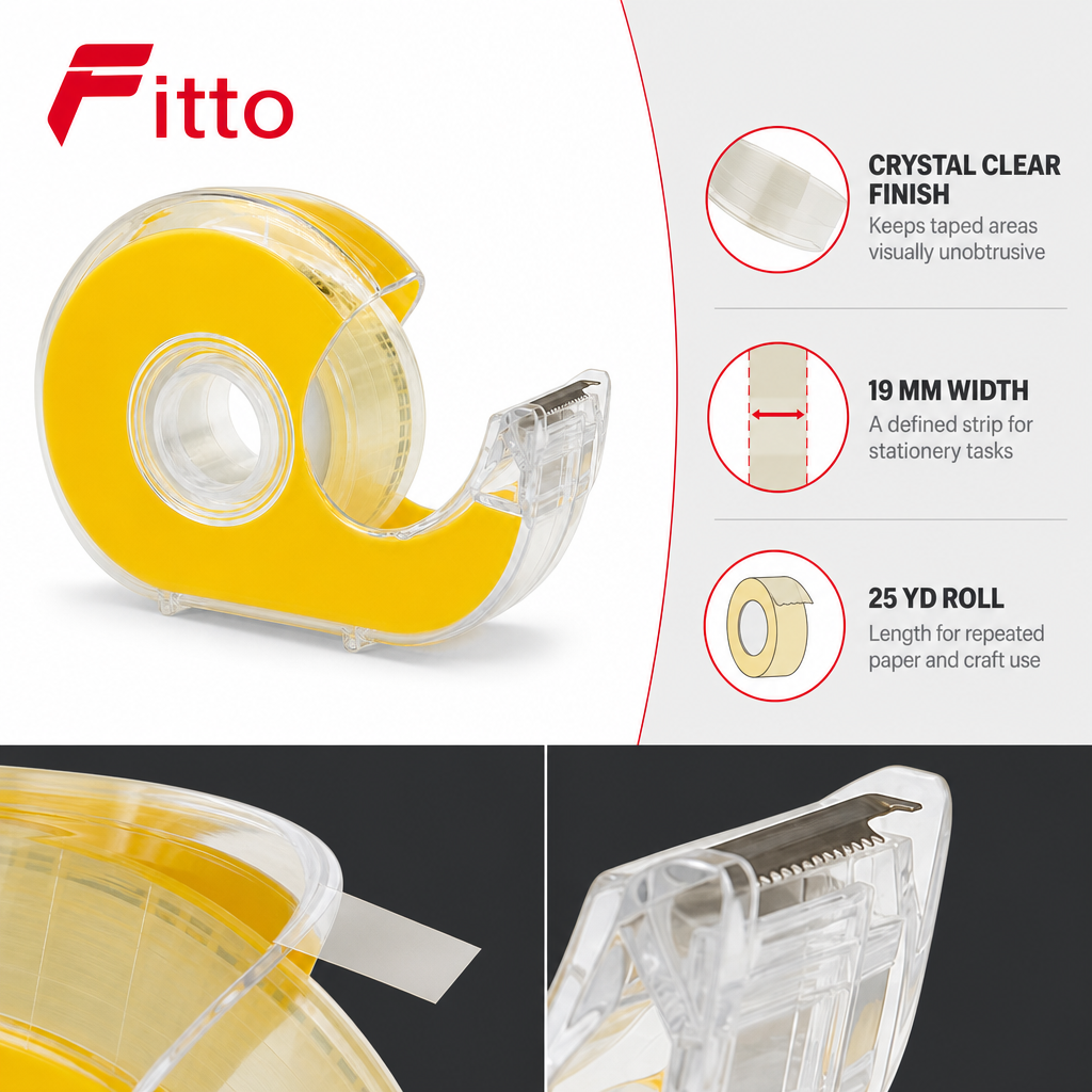 144 Pieces Crystal Clear Adhesive Tape with Dispenser, 19 mm x 25 yd, Yellow Dispenser, 1 Roll