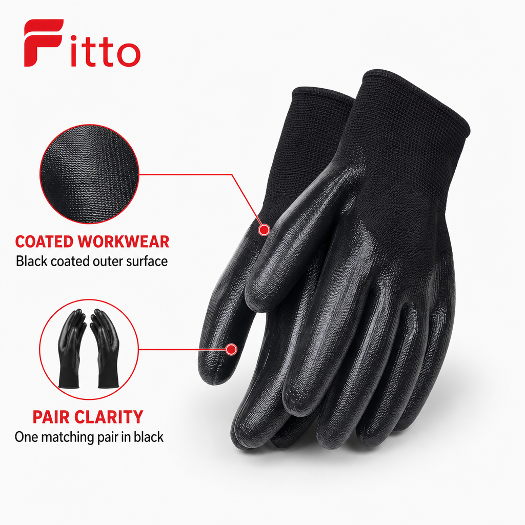 96 Pieces Coated Work Gloveses, 24 cm, Black, 1 Pair