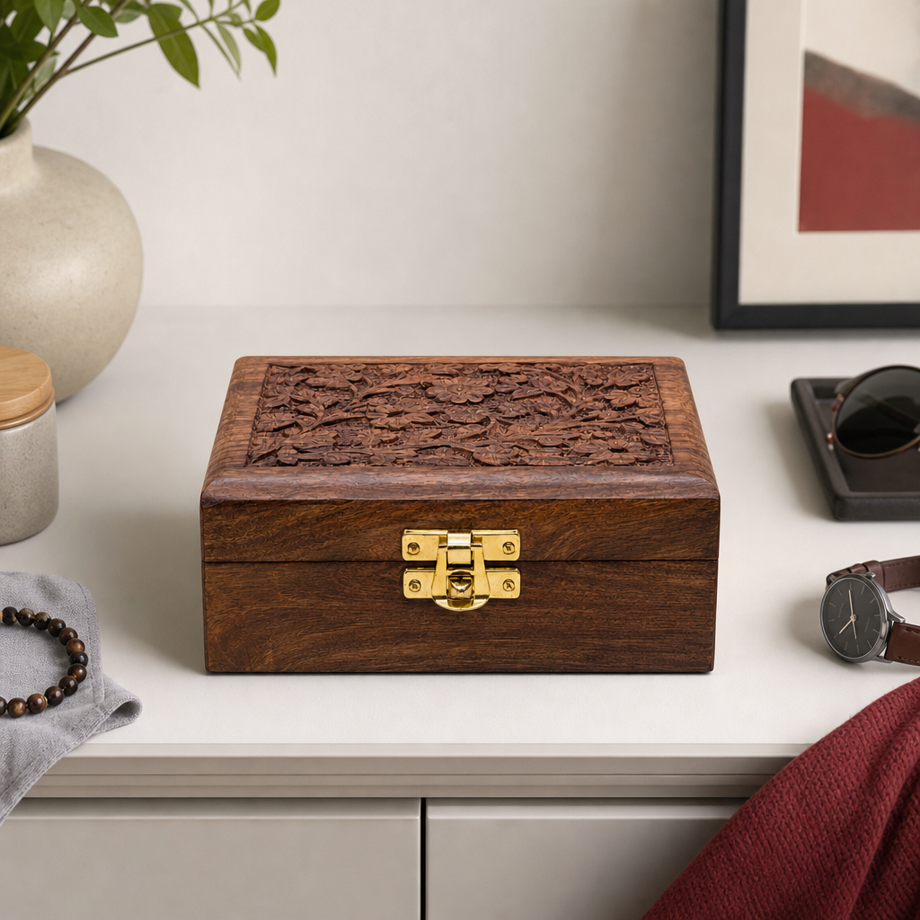 120 Pieces Wooden Rectangular Storage Box, Carved Lid and Front Latch, 7 x 5 Inch