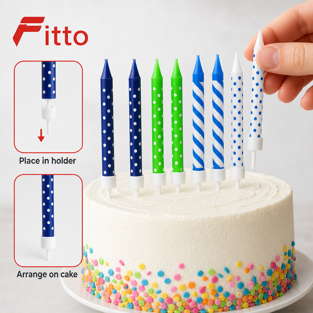144 Pieces Blue Tone Assorted Printed Birthday Candles, 8 Candles with 8 Holders for Cake Decoration