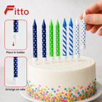 144 Pieces Blue Tone Assorted Printed Birthday Candles, 8 Candles with 8 Holders for Cake Decoration