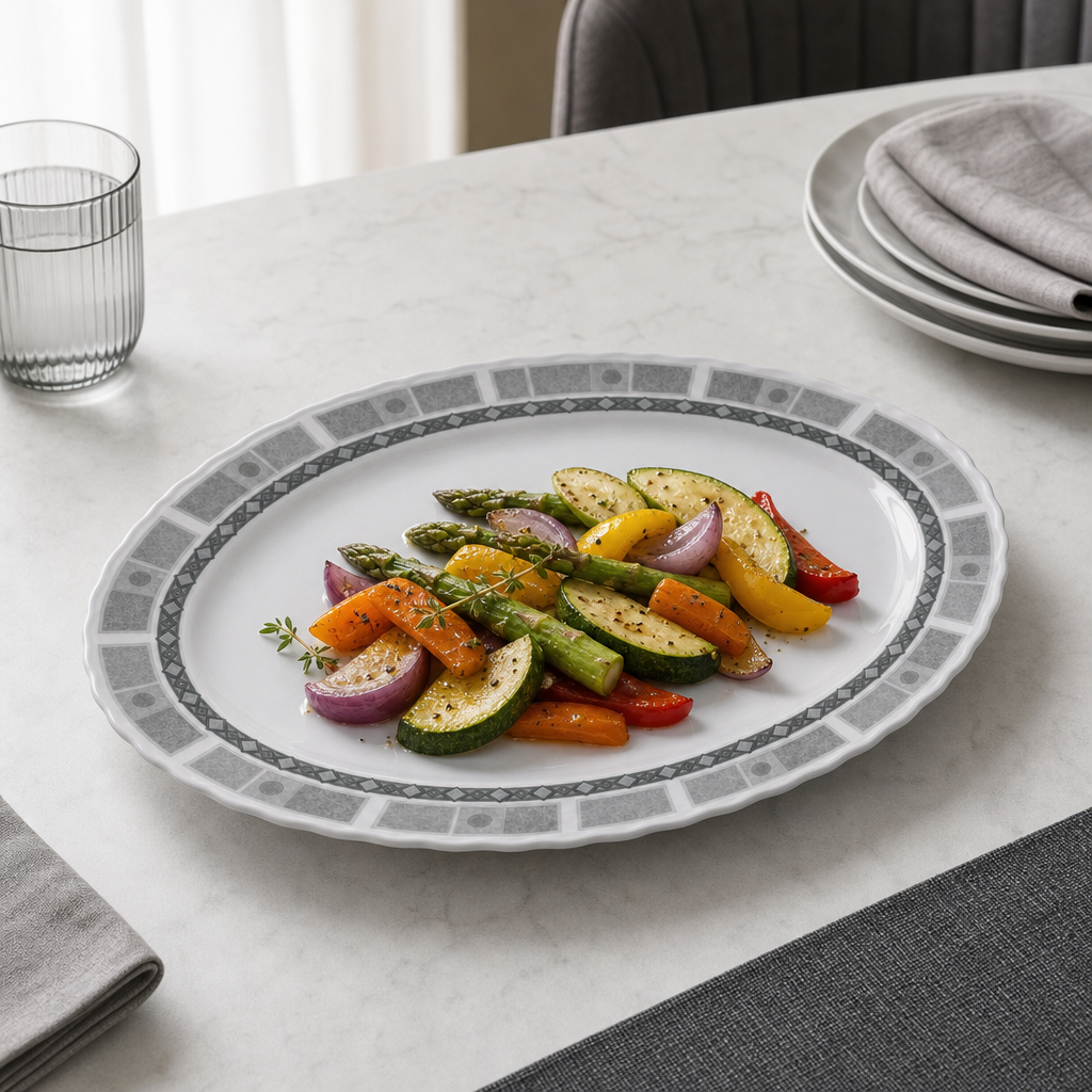 96 Pieces Melamine Wavy Oval Serving Plate, 12 Inch, Grey Geometric Border