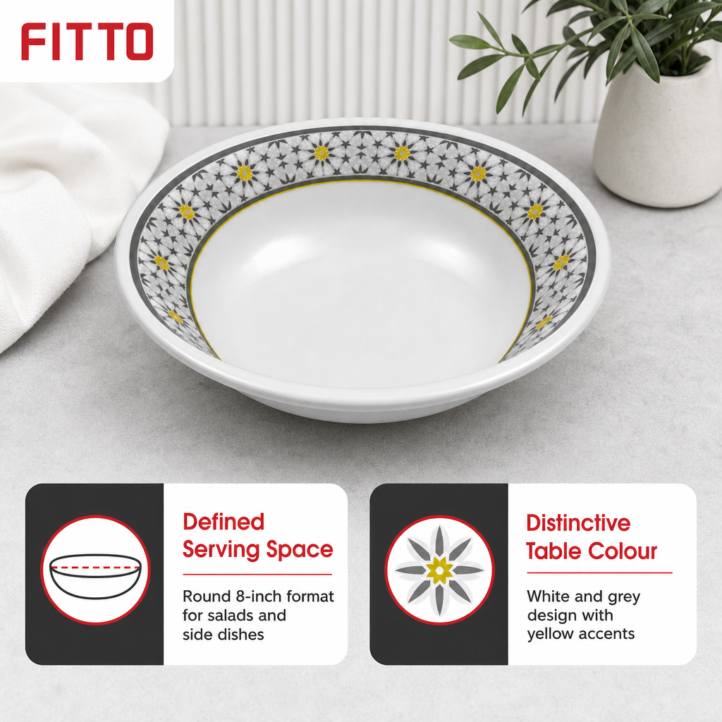 96 Pieces Melamine Salad Bowl, 8 Inch Round Serving Bowl, White and Grey with Yellow Accents