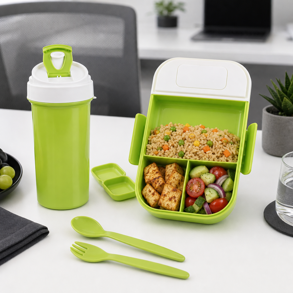 96 Pieces Assorted Colour Rectangular Plastic Lunch Box Set with 450 ml Bottle and Cutlery, 1 Set
