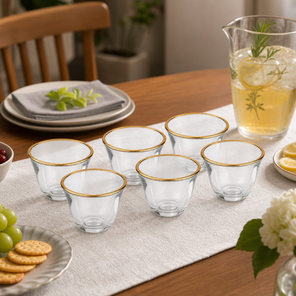 96 Pieces Clear Glass Cawa Cups with Gold-Tone Rims, Rounded Design, 6-Piece Drinkwares Set