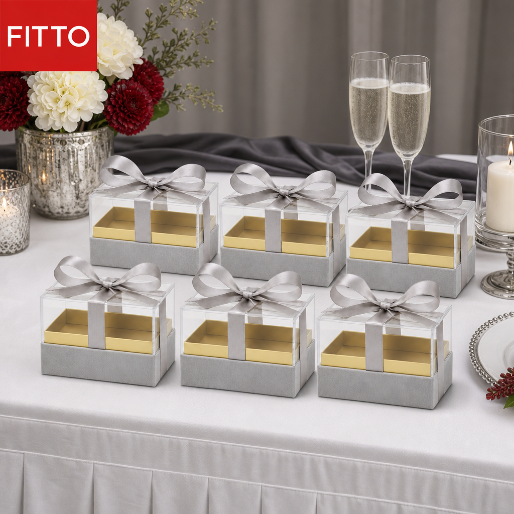 60 Pieces Silver Rectangular Acrylic Presentation Boxes with Ribbon, 14.5 × 9.5 × 8 cm, 6 Pieces
