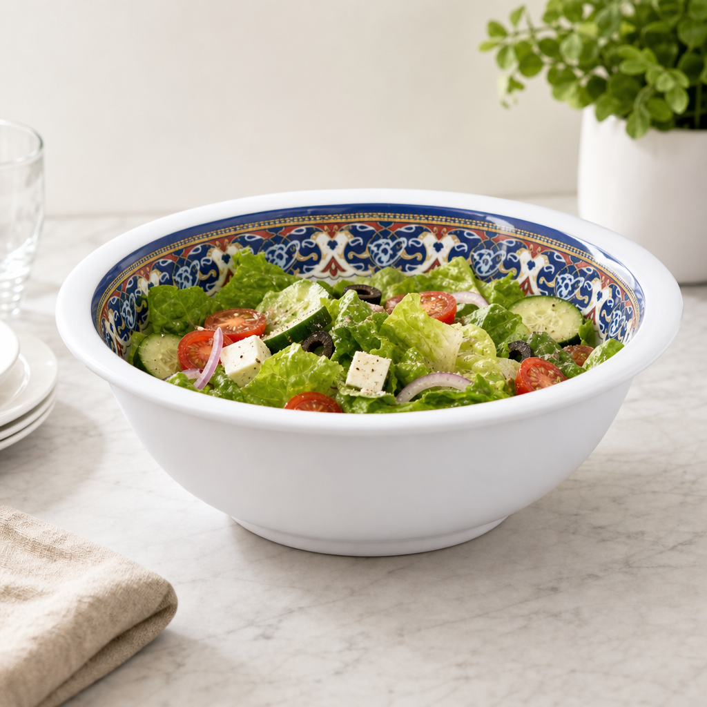 96 Pieces Melamine Salad Bowl, 8 Inch, Decorative Patterned Rim, White