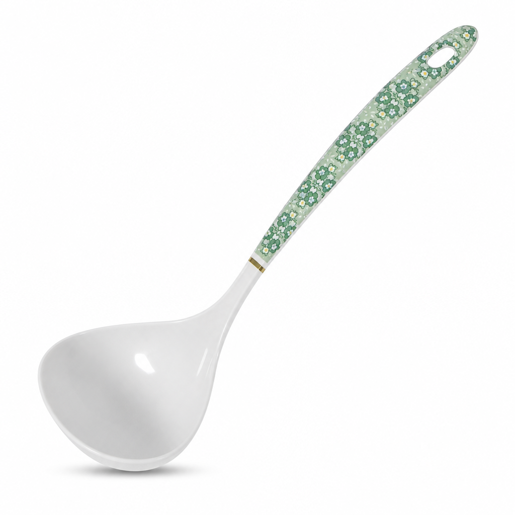 144 Pieces Cooking Ladle with Green Floral Handle, White, 25 cm