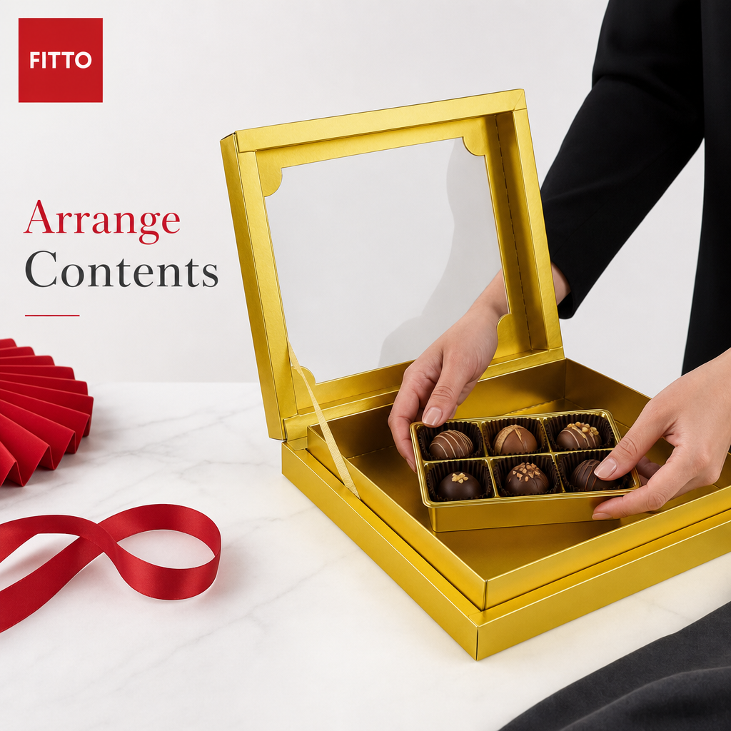 96 Pieces Gold Rectangular Chocolate Box With Ribbon, 27.5 x 22 x 4.8 cm, 1 Piece