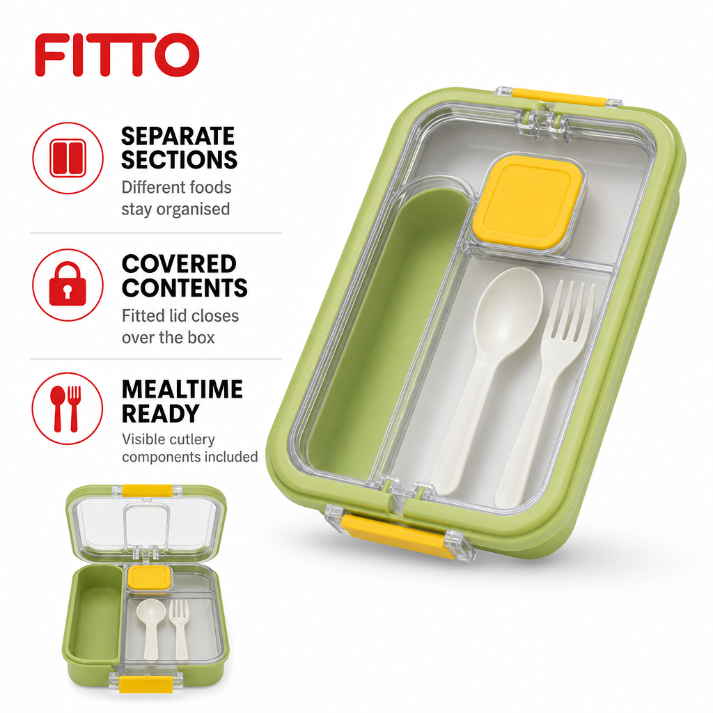 96 Pieces Green Rectangular Compartment Lunch Box with Secure Lid and Cutlery, 1 Piece