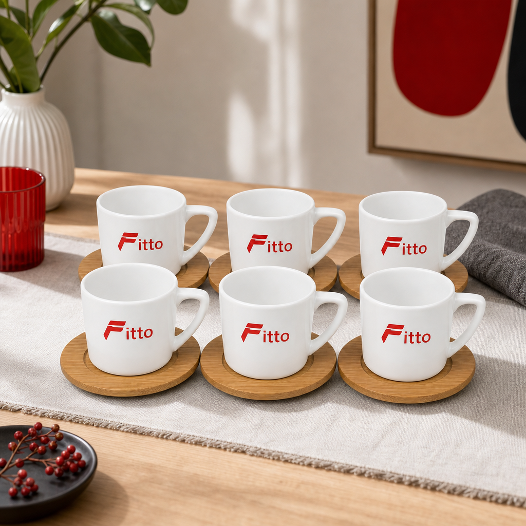 60 Pieces Ceramic Tea and Coffee Cups with Looped Handles and Wooden Saucers, White and Natural Wood, 6 Pieces
