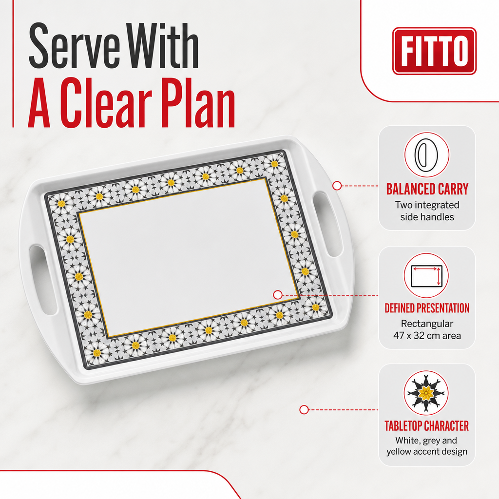 96 Pieces Rectangular Serving Trays with Dual Handles, 18 Inch, White and Grey with Yellow Accents