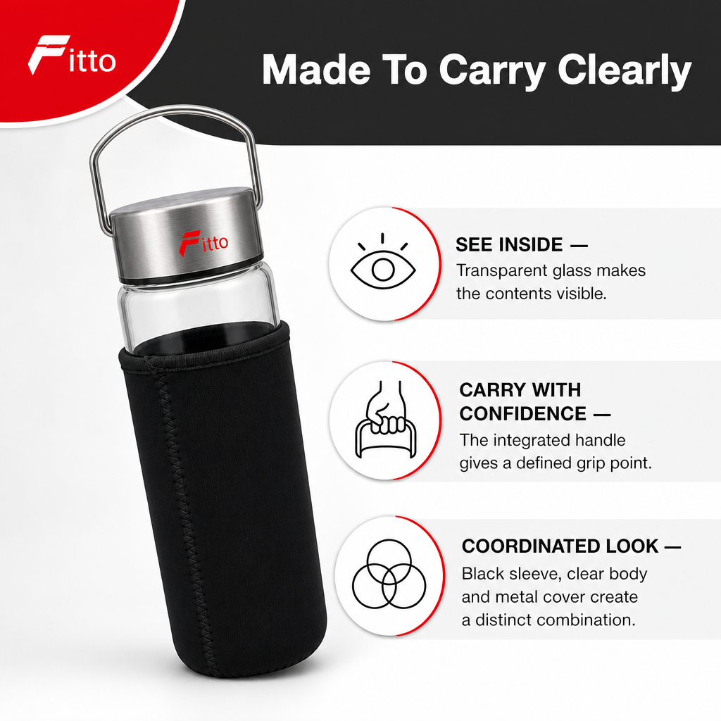 96 Pieces Glass Water Bottle with Black Sleeve, Metal Cover and Carry Handle