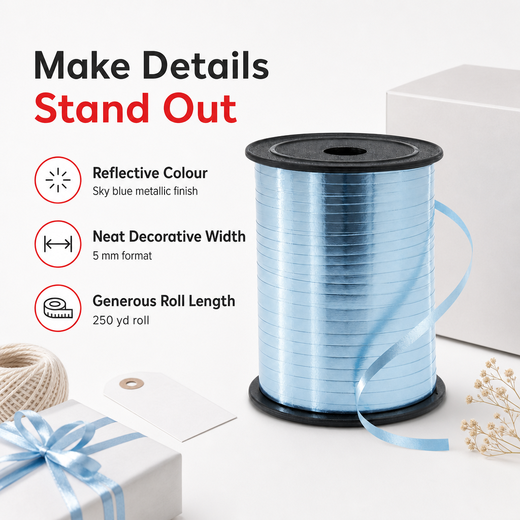 120 Pieces Sky Blue Metallic Ribbon Roll, 5 mm x 250 yd, Decorative Craft Trim for Wrapping and Projects