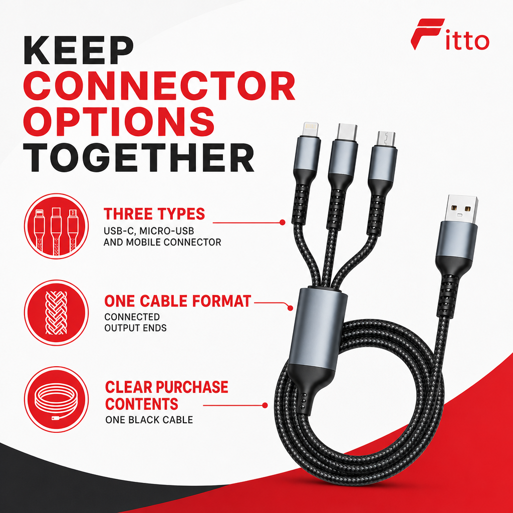 144 Pieces 3-in-1 Fast Charging Data Cable with USB-C, Micro-USB and Mobile Connectors, 100W, Black