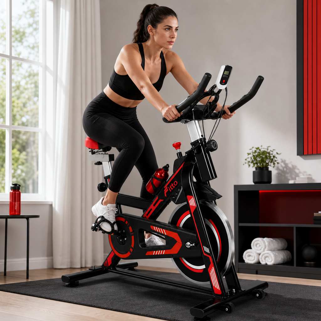48 Pieces Spin Bikes with Heavy-Duty Steel Frame and LCD Monitor, Black and Red