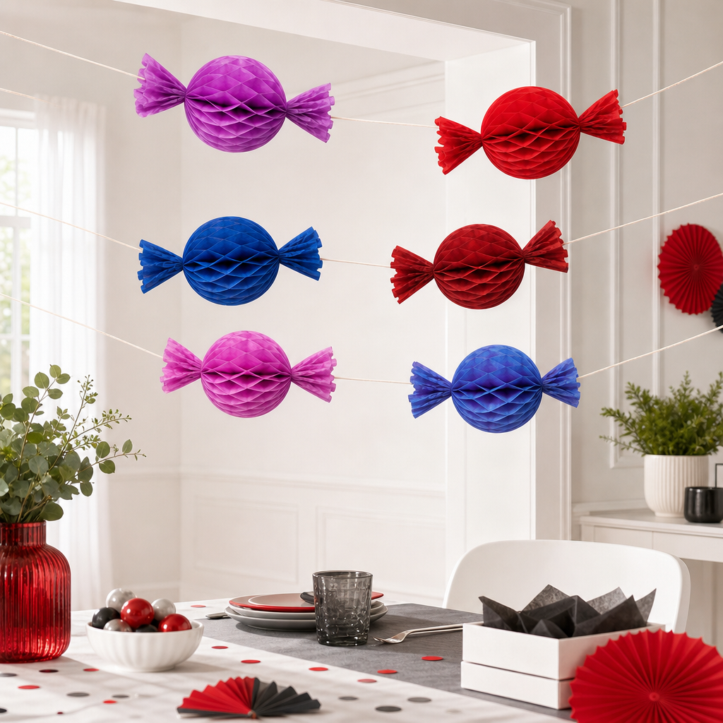 120 Pieces Paper Candy Garland Decoration, Multicolour Hanging Party Decor, 2.5 m x 15 cm, 6 Pieces