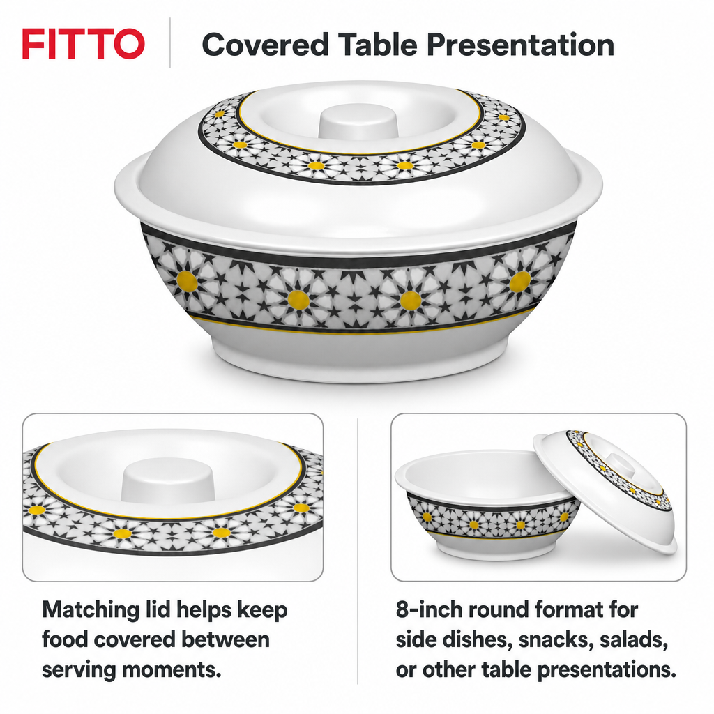 96 Pieces Melamine Lidded Serving Bowl, 8 Inch, White Floral Pattern