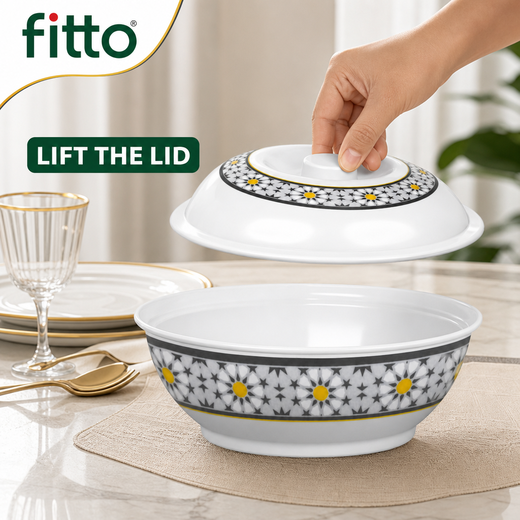96 Pieces Melamine Lidded Serving Bowl, 10 Inch, White Floral Pattern