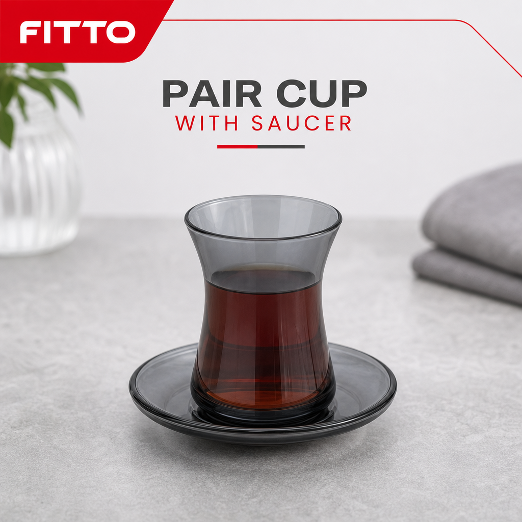 60 Pieces Glass Tea Cup And Saucer Set, Smoke Black, 12 Pieces