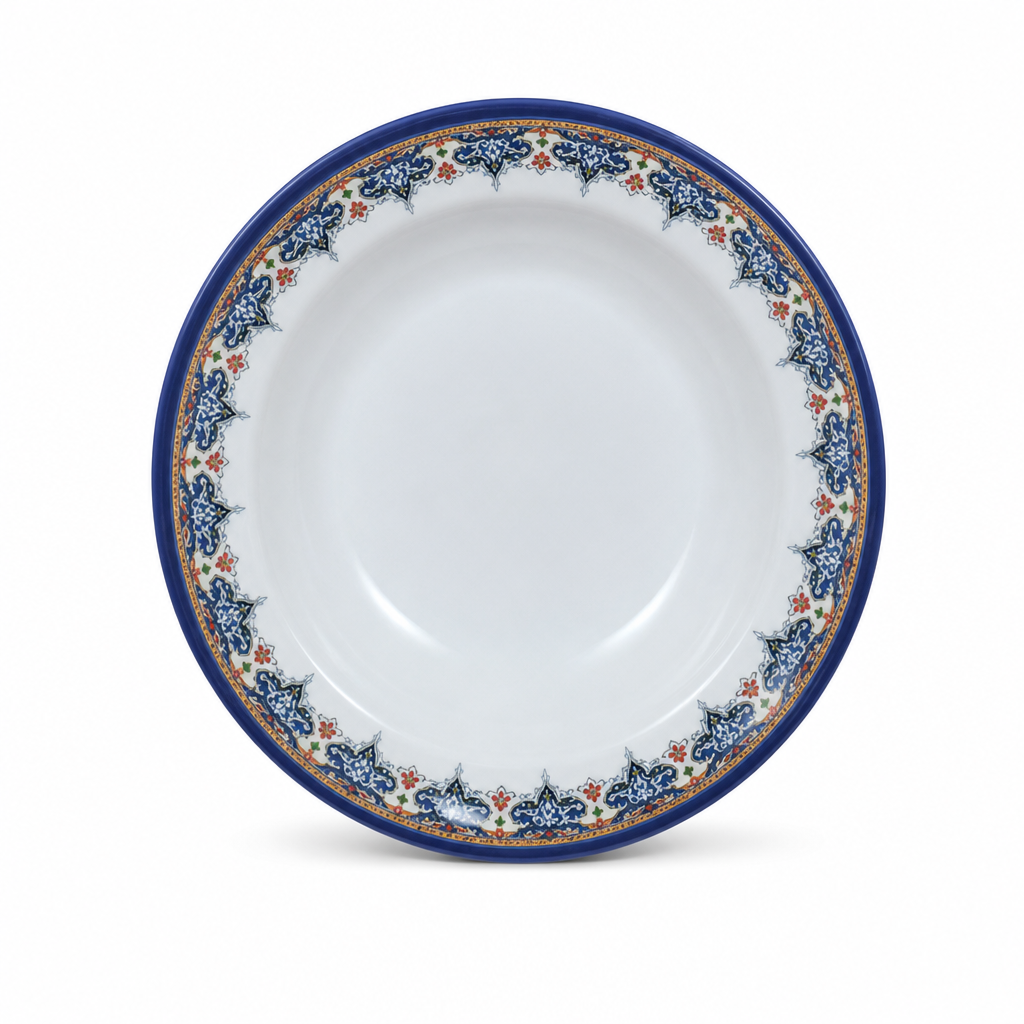 120 Pieces Melamine Soup Plate, 9 Inch, Round White Plate with Blue Floral Border