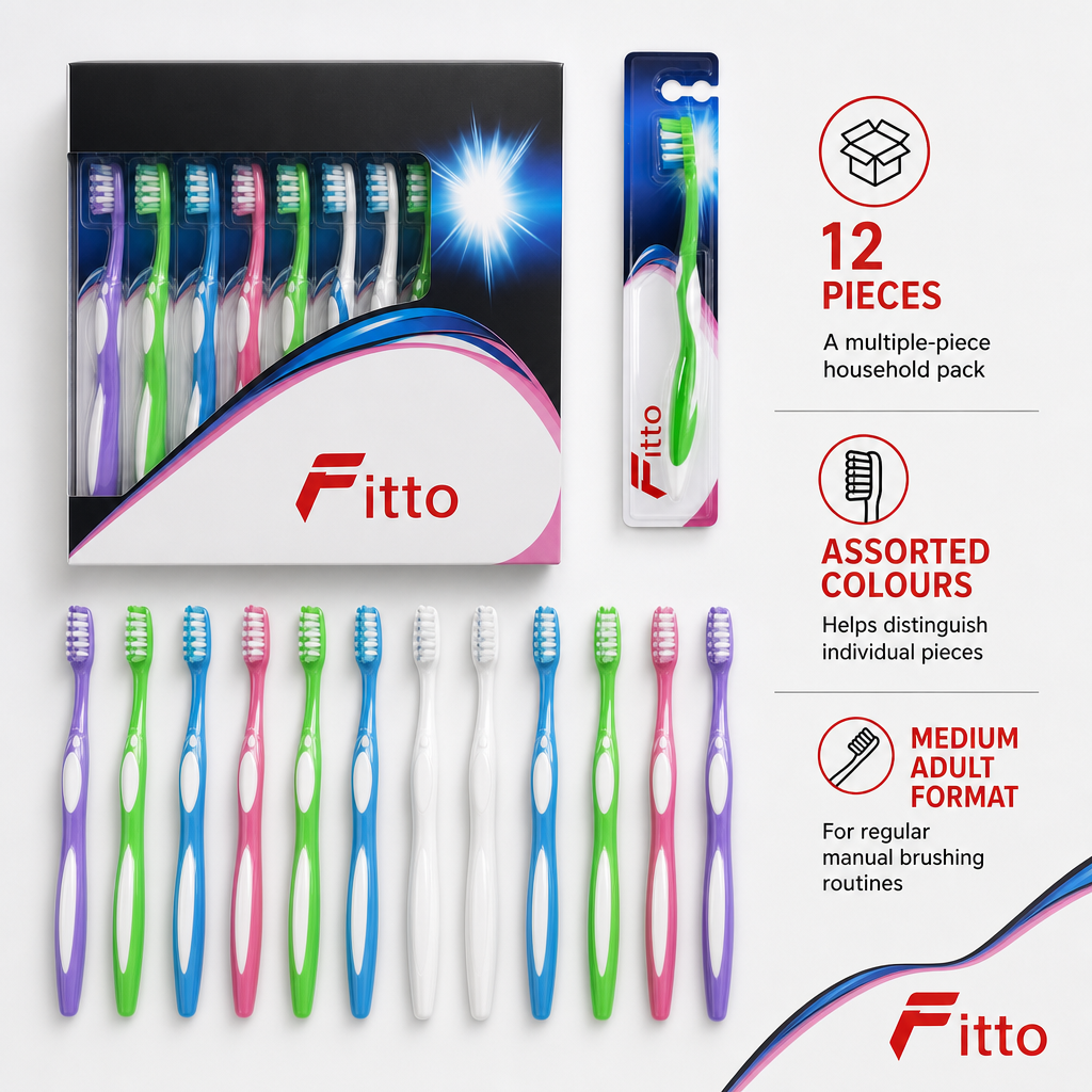 96 Pieces Medium Adult Toothbrushes, Assorted Colours, 12 Pieces