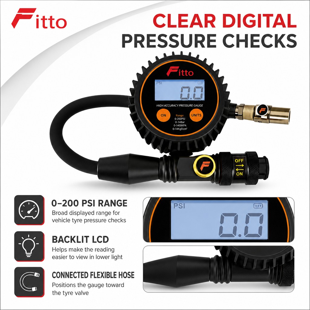 48 Pieces Digital Tyre Pressure Gauges with PVC and Nitrile Hose, 0–200 PSI Range, Backlit LCD Display