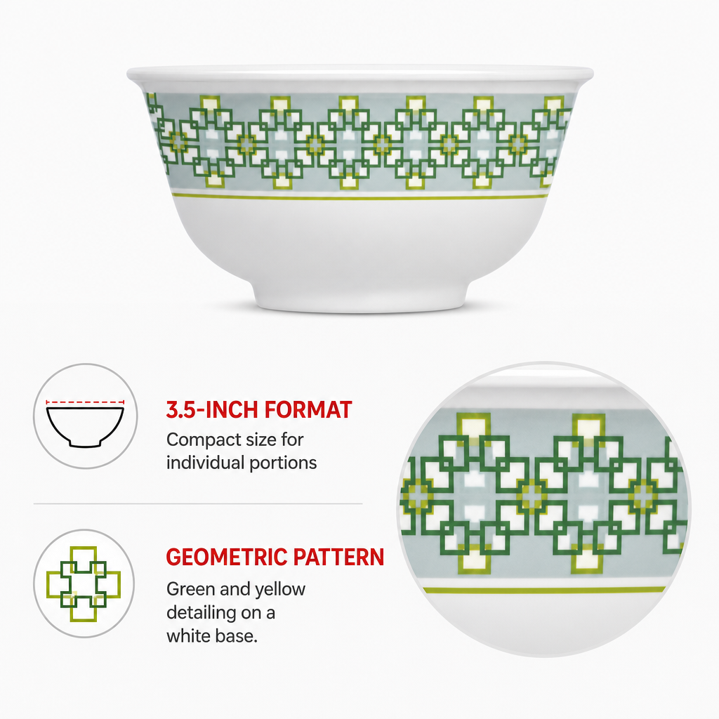 240 Pieces Melamine Rice Bowl, 3.5 Inch, White with Green and Yellow Geometric Pattern