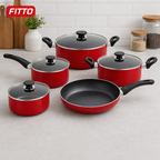 48 Pieces 9-Piece Non-Stick Cookwares Set with Glass Lids, Red