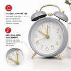 96 Pieces Grey Classic Twin-Bell Alarm Clocks with Gold Hands and Legs, Tabletop Design