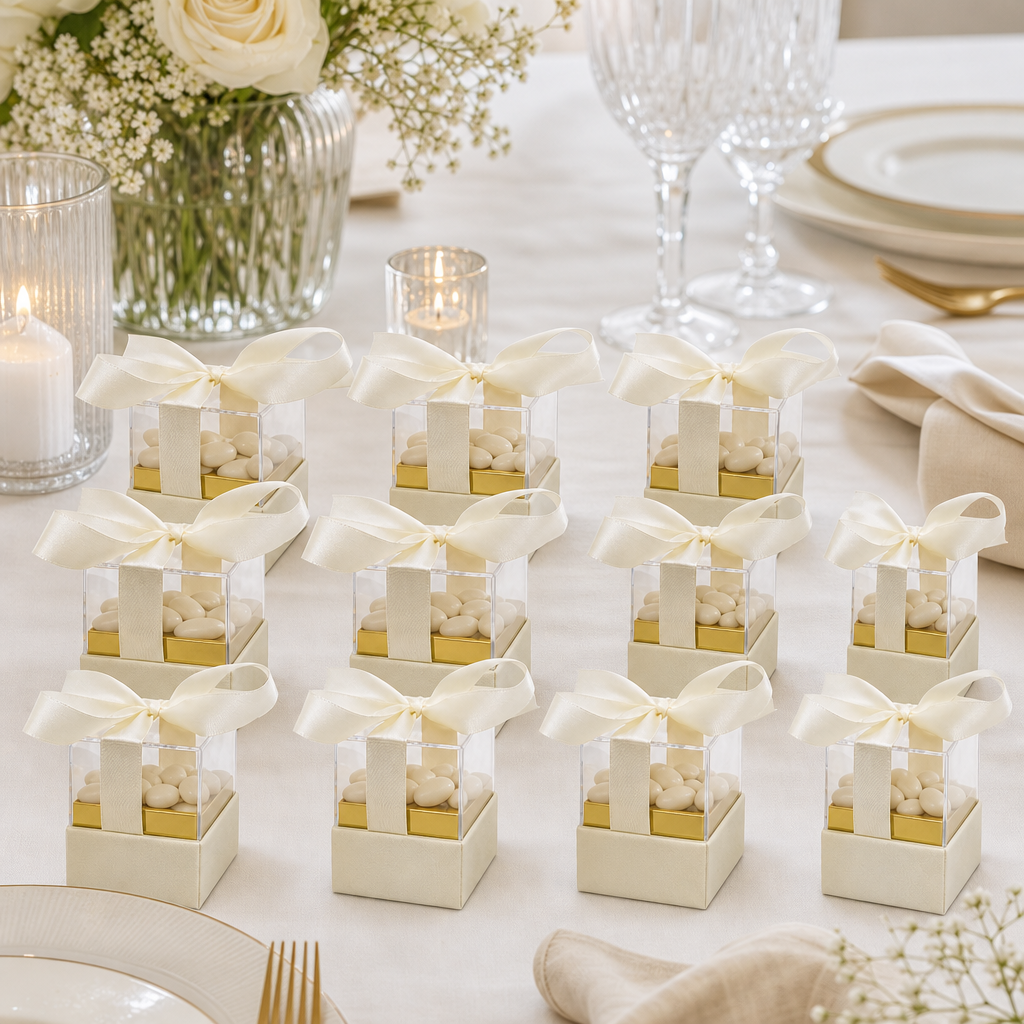 60 Pieces Acrylic Favor Boxes, Cream Square Boxes with Ribbon, 6.5 × 6.5 × 7.2 cm, 12 Pieces
