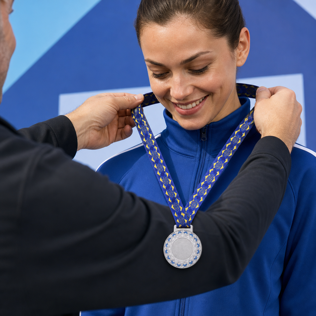 120 Pieces Decorative Sports Medal with Blue Ribbon, Silver, 1 Piece, 10 x 8 cm