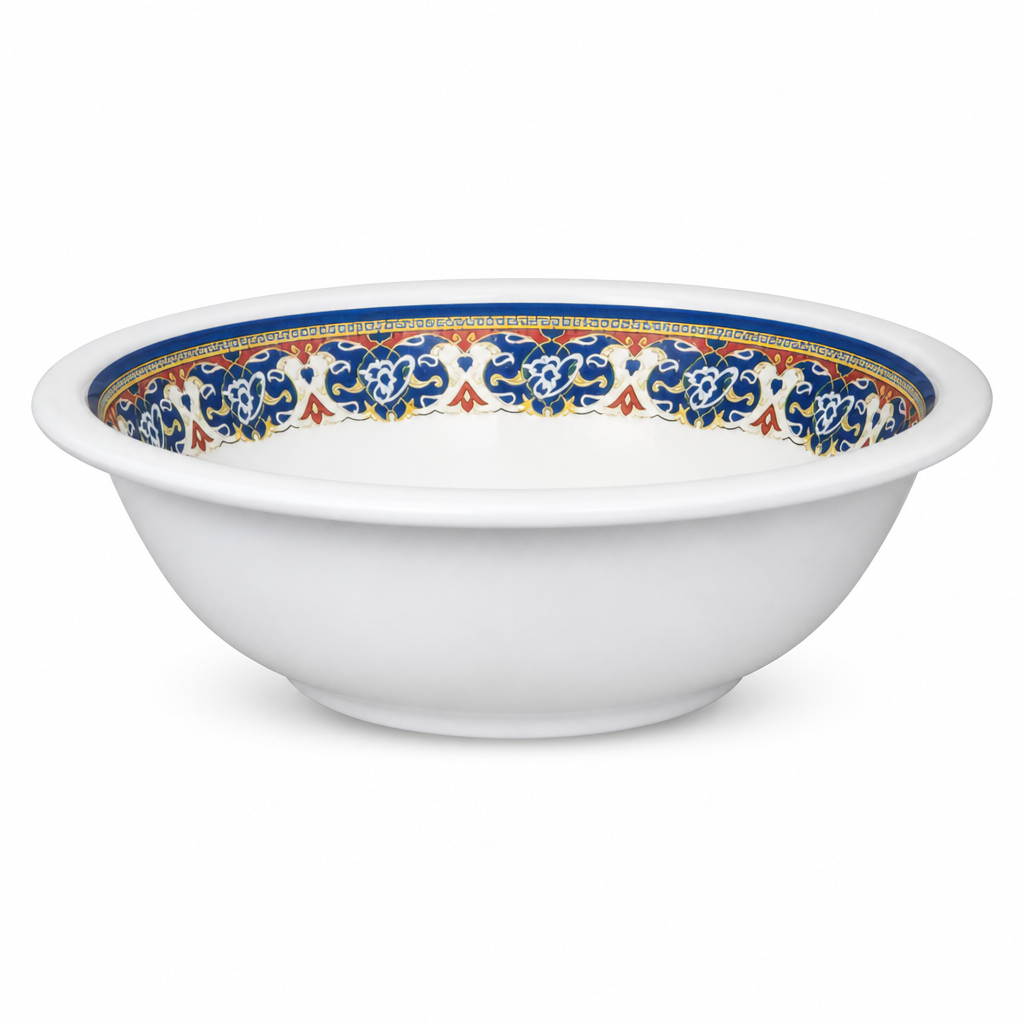 120 Pieces Melamine Salad Bowl, 6 Inch, White with Decorative Multicolour Rim, Single Bowl