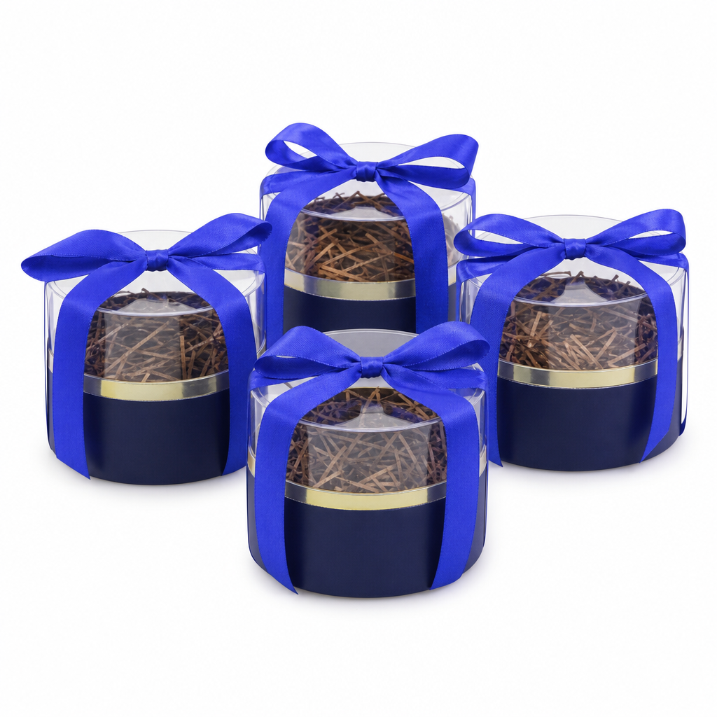 60 Pieces Blue Round Acrylic Presentation Boxes with Ribbon, 12 x 12 x 11.5 cm, 4 Pieces