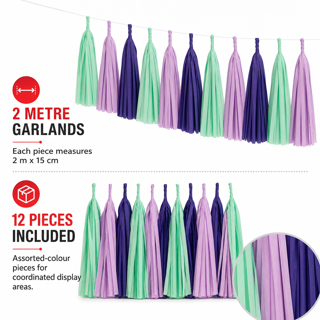 240 Pieces Tassel Garland, Assorted Colours, 2 m x 15 cm, 12 Pieces for Party Decorations