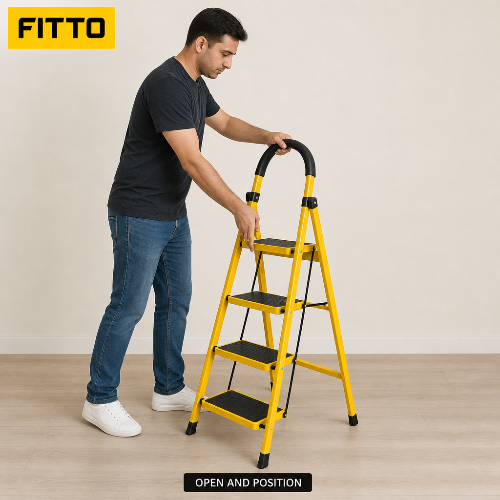 48 Pieces Yellow 4-Step Folding Metal Step Ladders, 141 x 44 cm, Padded Handle, 1 Piece