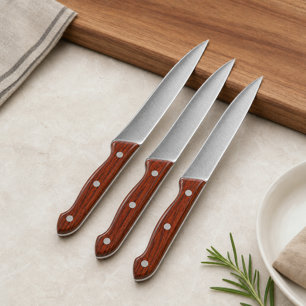 120 Pieces 3-Piece Kitchen Knives Set, Brown and Silver Stainless Steel Blades with Brown Wooden Handles