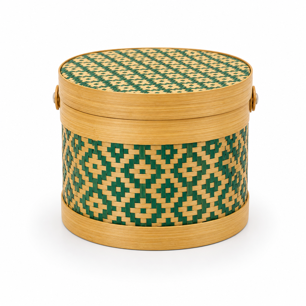 96 Pieces Round Woven Storage Box with Lid, Green Geometric Pattern, 14 x 14 x 12 cm