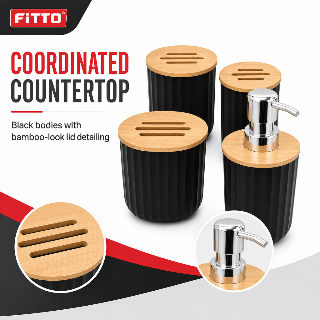 96 Pieces Black PP Bathroom Accessory Set with Bamboo Lids and Soap Dispenser