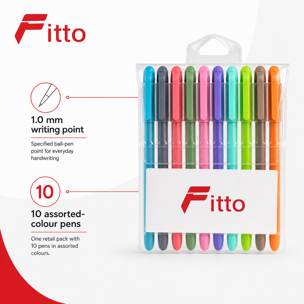 120 Pieces Ball Pens, 1.0 mm, Assorted Colours, 10-Pack