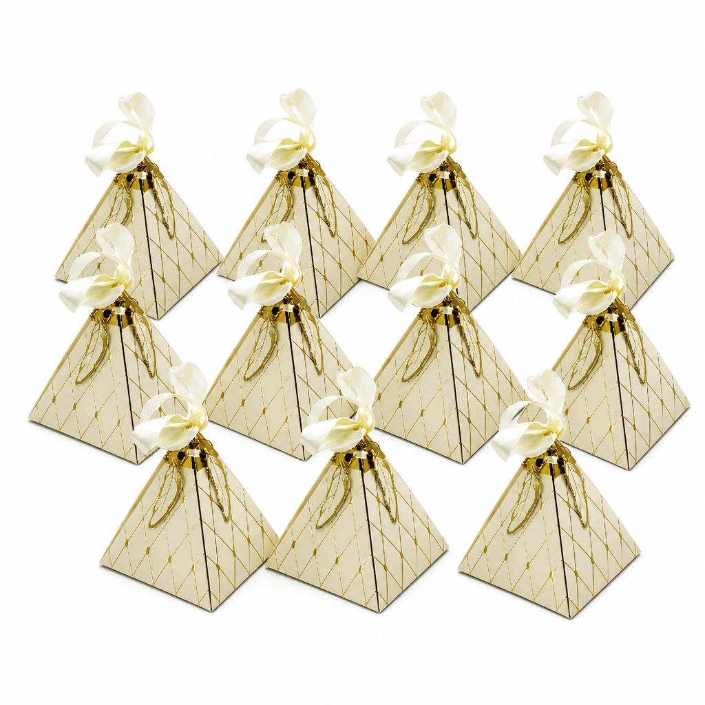 96 Pieces Beige Paper Candy Favor Boxes with Ribbon, Pyramid Shape, 8.7 x 8.7 x 10 cm, 12 Pieces