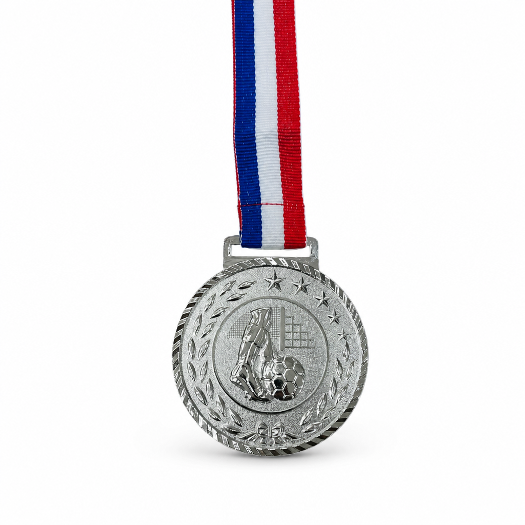 144 Pieces Football Sports Medal with Red White and Blue Ribbon, Silver