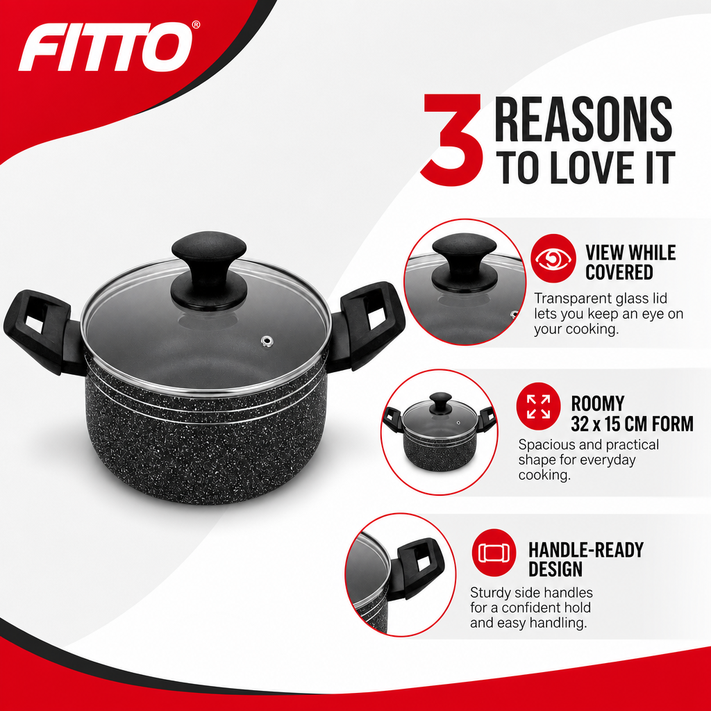 48 Pieces Pressed Aluminium Induction Casserole with Glass Lid, 32 x 15 cm, Black