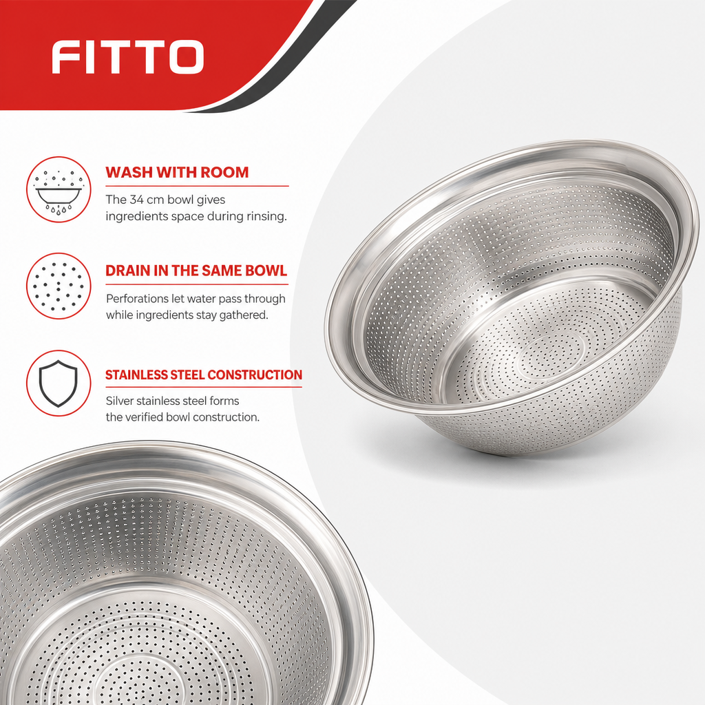 96 Pieces Stainless Steel Colander Bowl, 34 cm, Silver, 1 Piece
