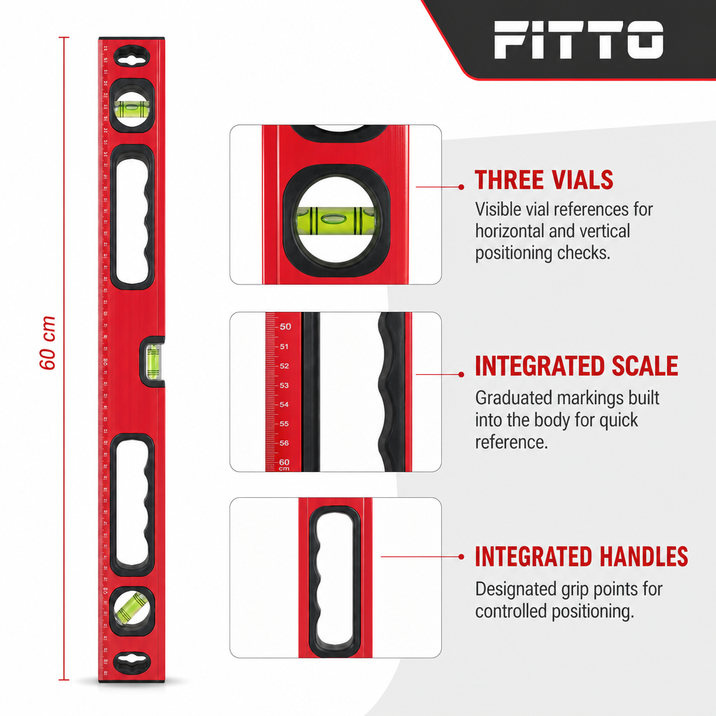 96 Pieces Spirit Level 60 cm Red Aluminum with 3 Vials, Handles and Integrated Measuring Scale