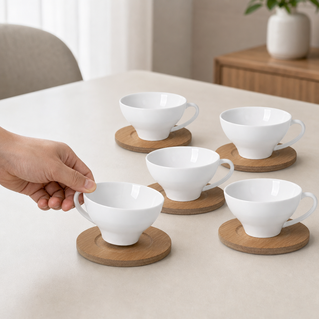 60 Pieces Ceramic Tea and Coffee Cup Set with Looped Handles and Wooden Saucers, White and Natural Wood, 6 Pieces