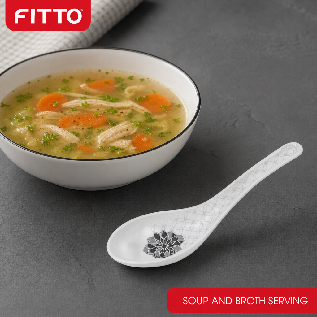 240 Pieces Melamine Chinese Soup Spoon, White with Grey Geometric Pattern, 14 cm