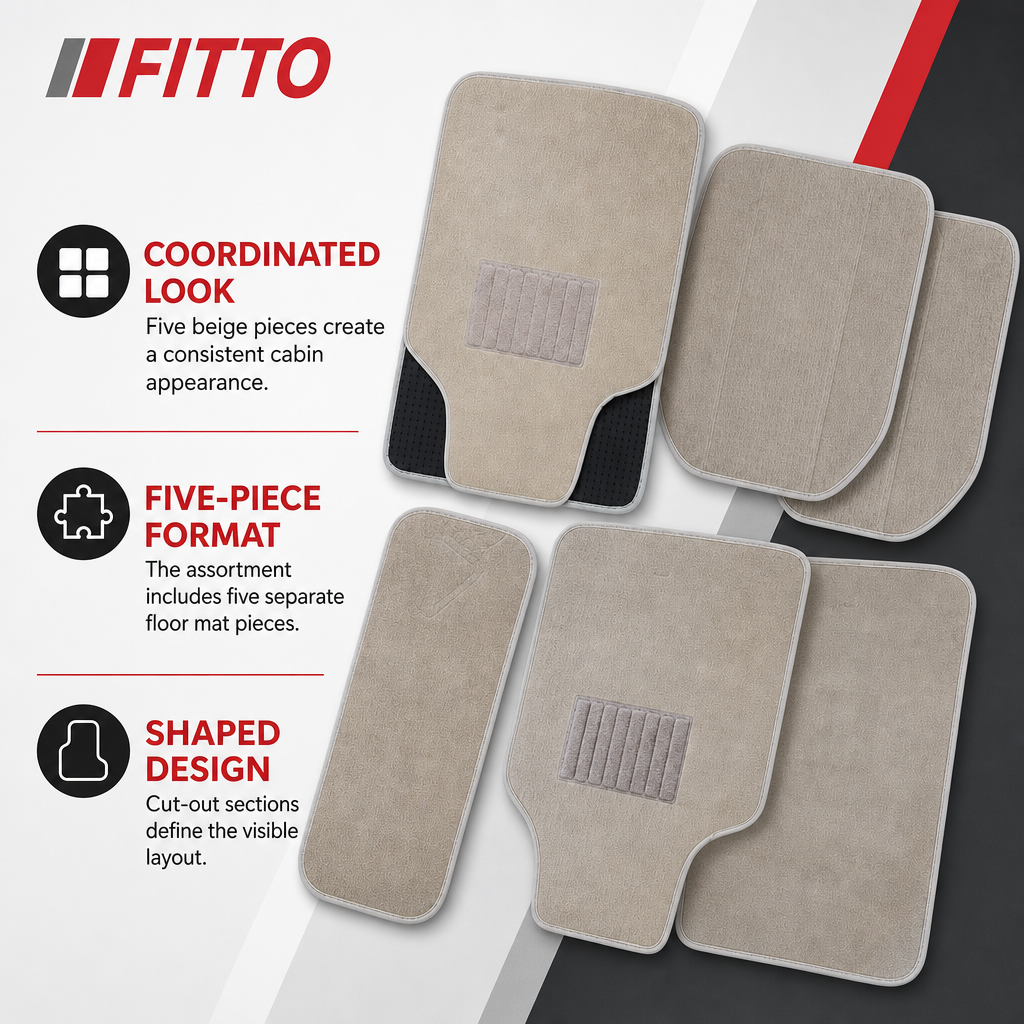 72 Pieces Universal Car Floor Mat Sets, Beige Carpet-Style Cut-Out Design, 5-Piece